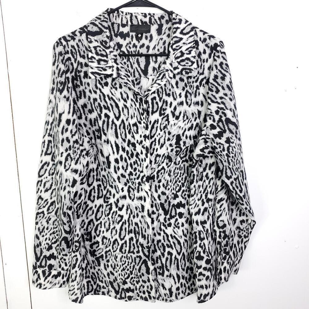 Worthington Shirt Womens 1X Button Down Leopard Print Office Career Edgy Exotic